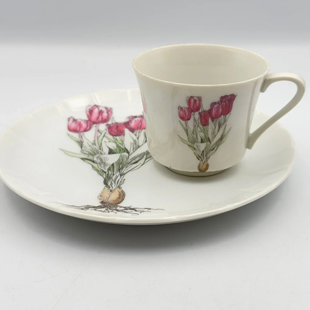Mann Fine China Tulip Botanical Tea Cup and Saucer Set Vintage White Pink Floral